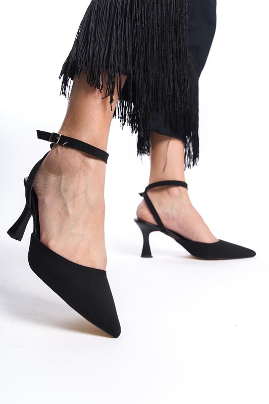 Amy Siyah Süet Orta Topuklu (6 cm) Arkası Açık Klasik Topuklu Ayakkabı