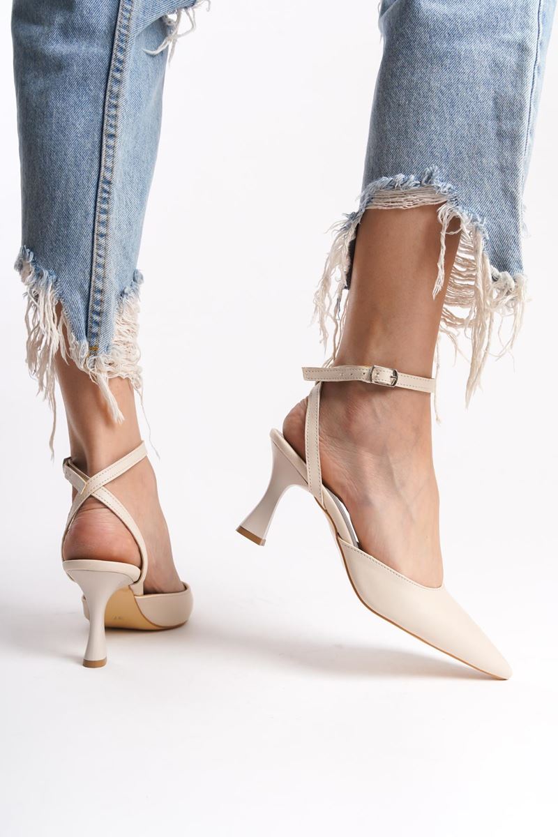 Amy Bej Cilt Orta Topuklu (6 cm) Arkası Açık Klasik Topuklu Ayakkabı