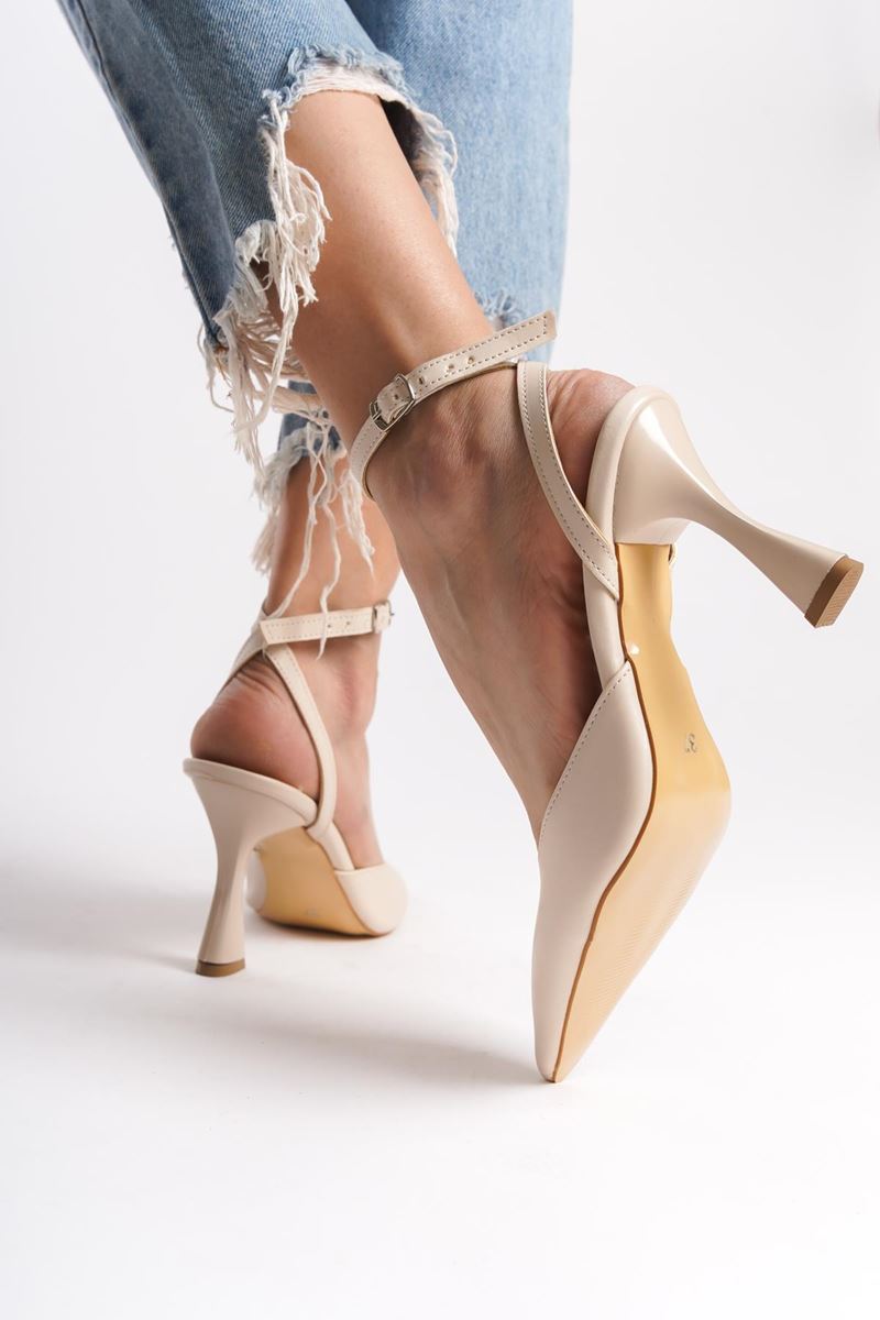 Lila Bej Cilt Orta Topuklu (8 cm) Arkası Açık Klasik Topuklu Ayakkabı