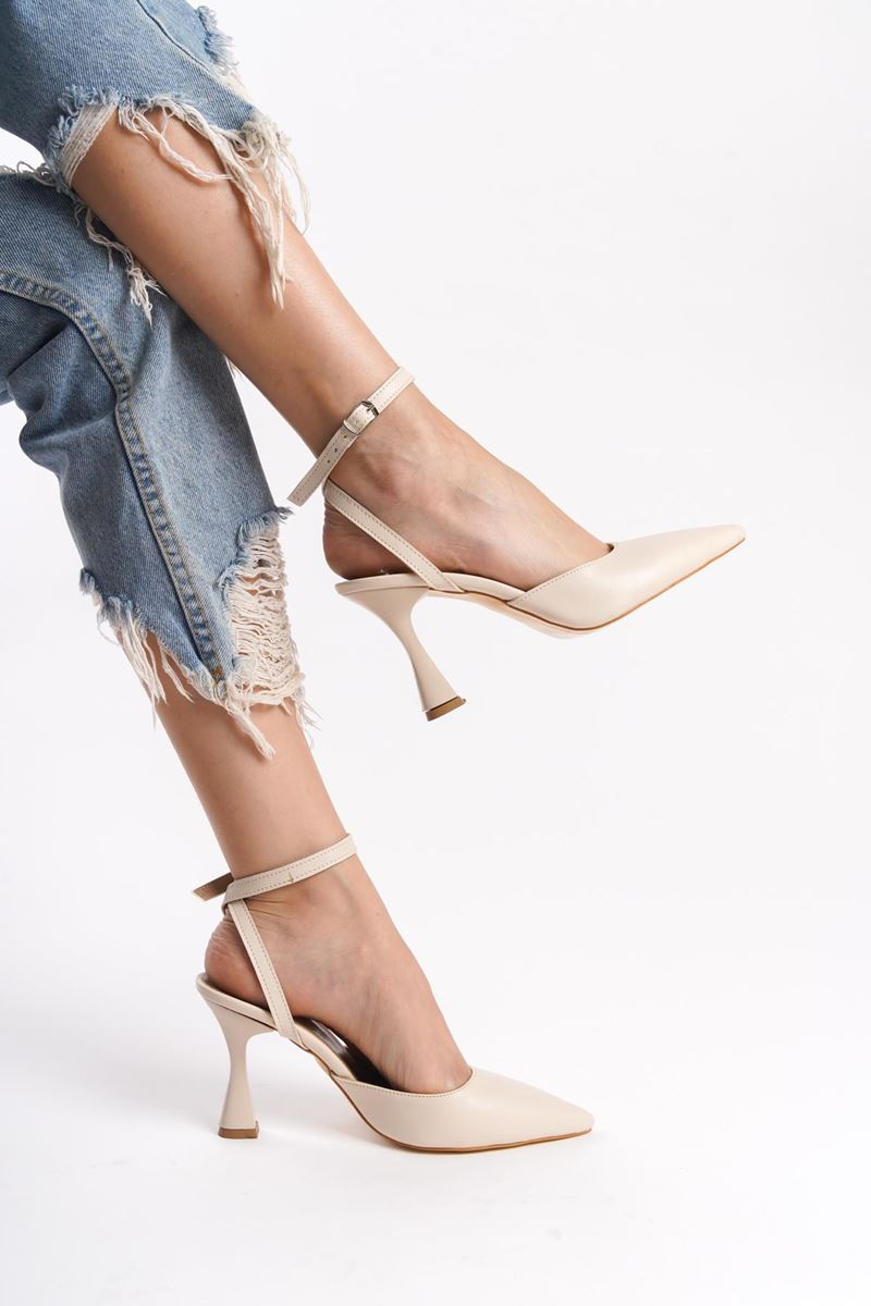 Lila Bej Cilt Orta Topuklu (8 cm) Arkası Açık Klasik Topuklu Ayakkabı