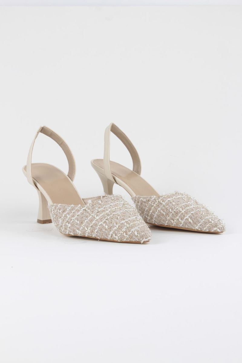 Jolie Bej Desenli Kumaş (6 cm) Klasik Topuklu Ayakkabı