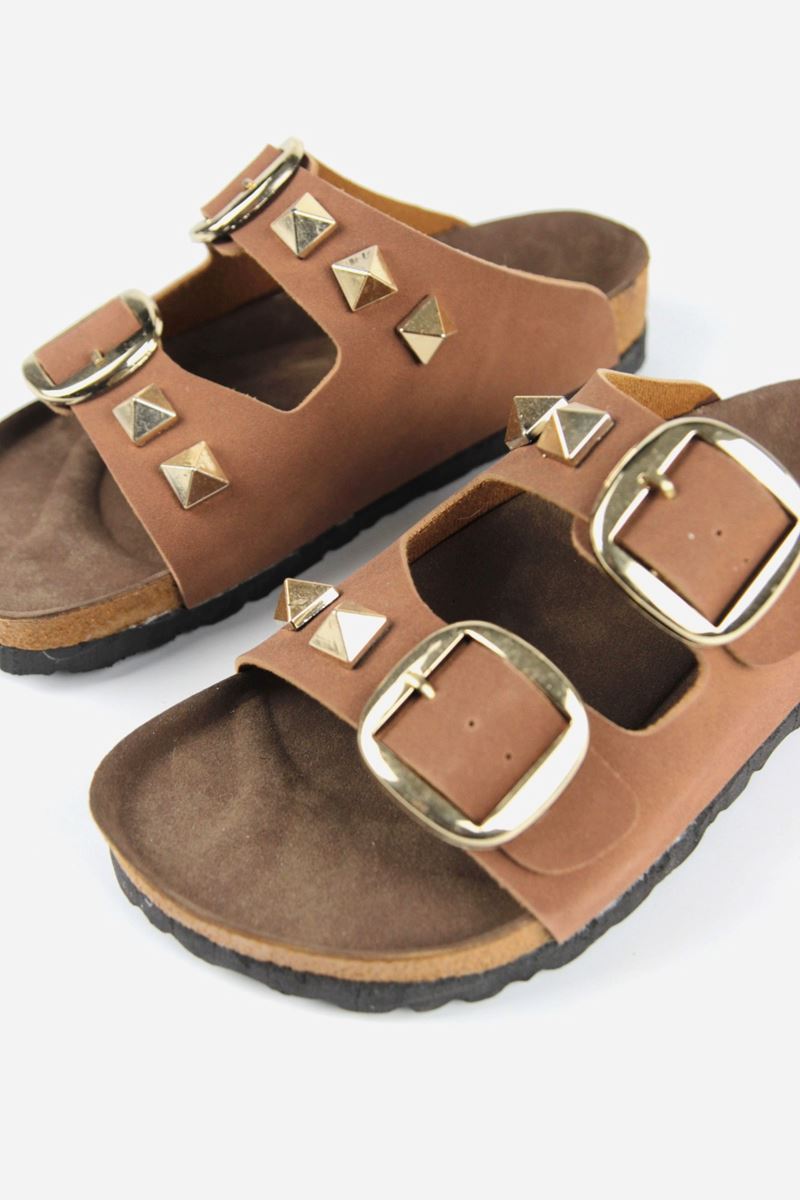 Judy Kadın Çift Geçme Detaylı Taba Cilt Terlik