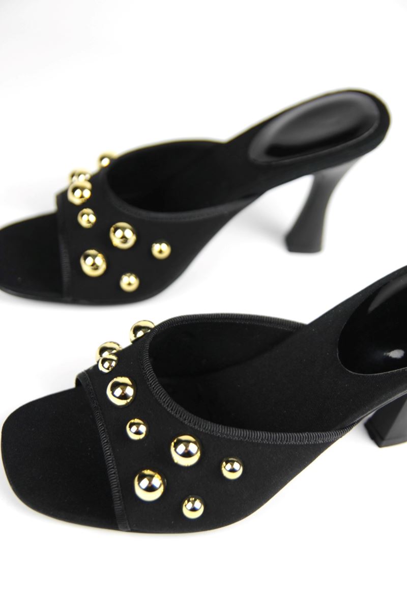 Havanna Kadın Altın Taş Detaylı Siyah Süet Orta Topuklu (8 cm) Topuklu Terlik