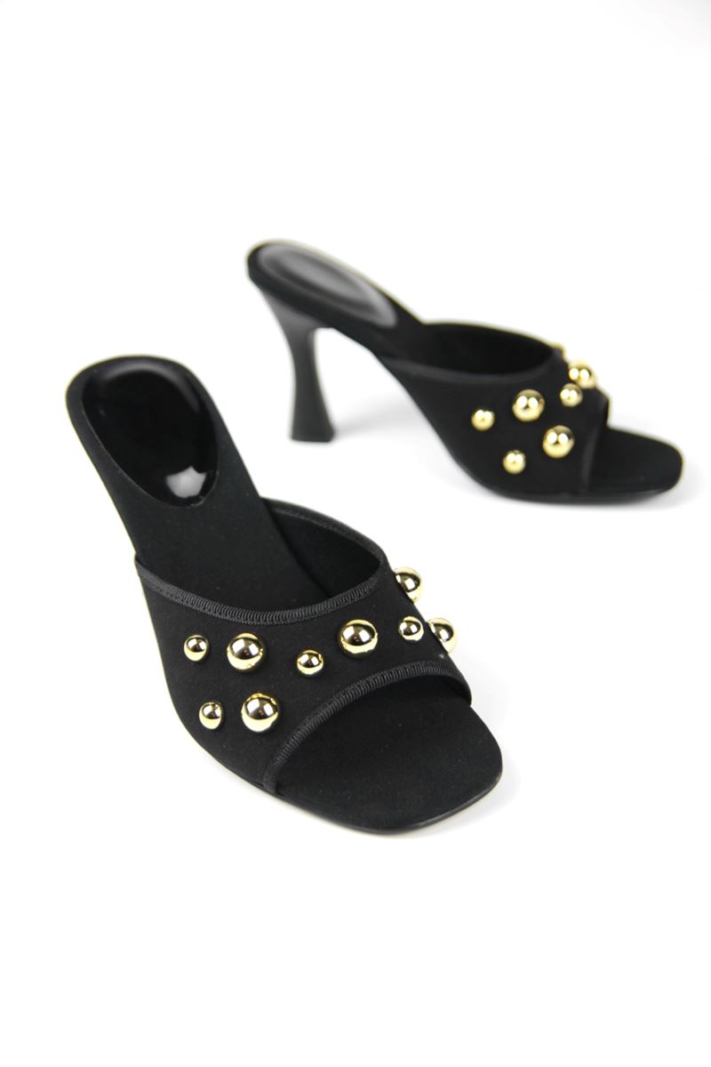 Havanna Kadın Altın Taş Detaylı Siyah Süet Orta Topuklu (8 cm) Topuklu Terlik