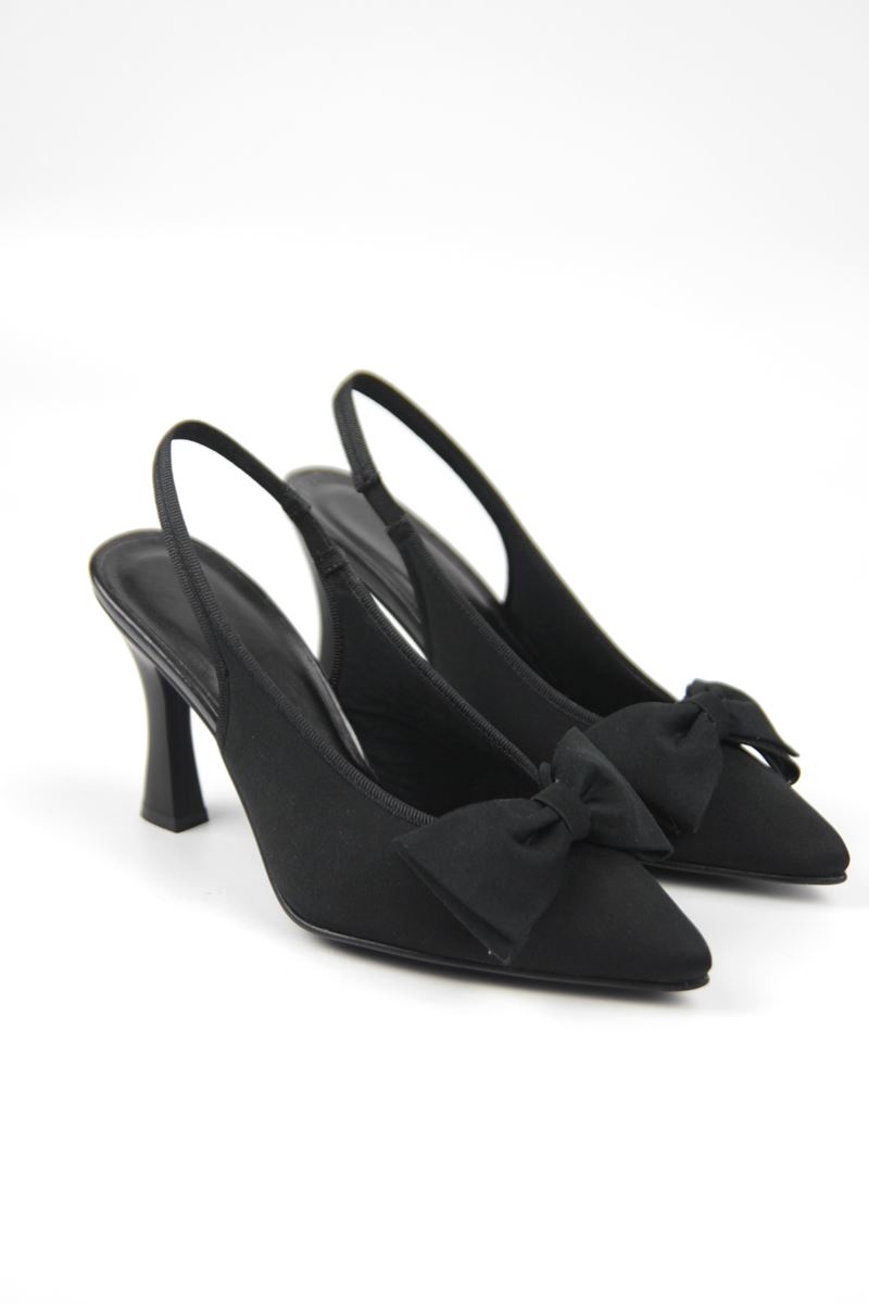 Texas Kadın Siyah Mat Saten Fiyonklu Orta Topuklu (8 cm) Topuklu Ayakkabı