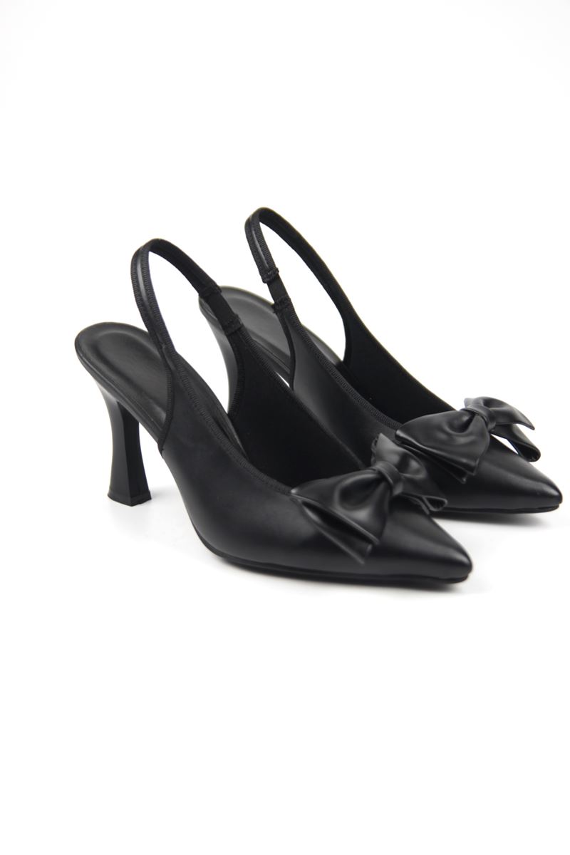 Texas Kadın Siyah Cilt Fiyonklu Orta Topuklu (8 cm) Topuklu Ayakkabı