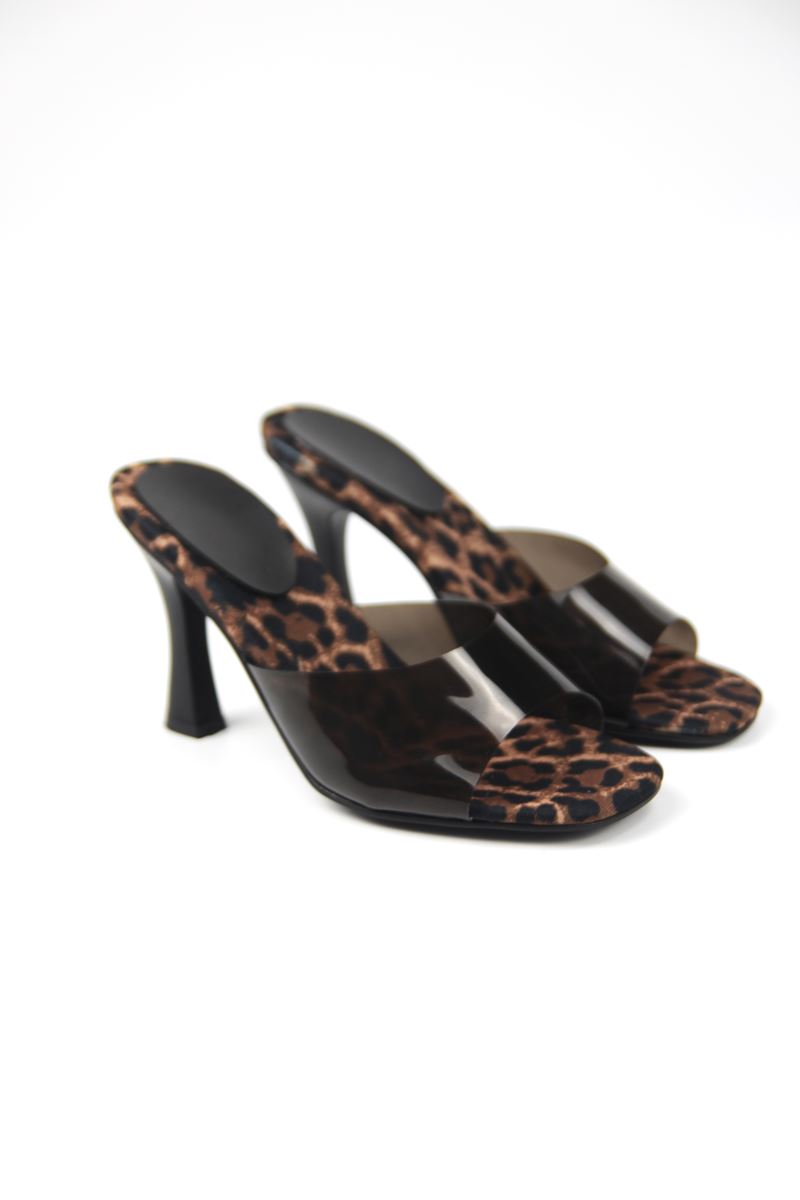 Tina Kadın Leopar Desen Tabanlı Siyah Şeffaf Şeritli Orta Topuklu (8 CM) Topuklu Terlik