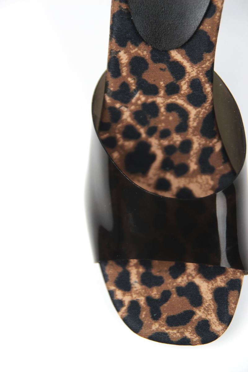 Tina Kadın Leopar Desen Tabanlı Siyah Şeffaf Şeritli Orta Topuklu (8 CM) Topuklu Terlik