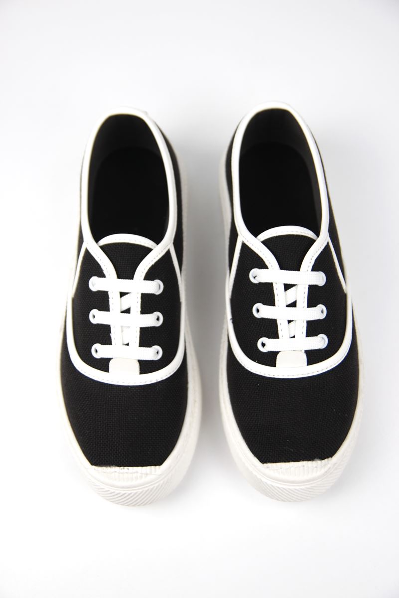 Lona Kadın Siyah Keten Beyaz Taban Bağcıklı Sneakers