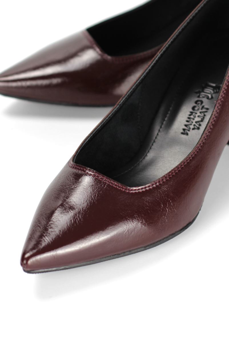 Zaneta Esnek Yumuşak Kaymaz Taban (4 cm) Kadın Kalın Topuk  Bordo Rugan Ayakkabı