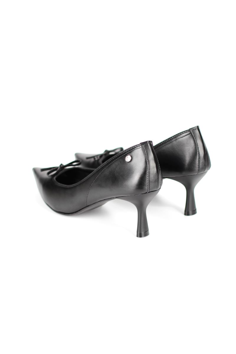 Ellyn Esnek Yumuşak Kaymaz Taban (4 cm) Siyah Cilt  İnce Bıyık Fiyonk Kadın Topuklu Ayakkabı