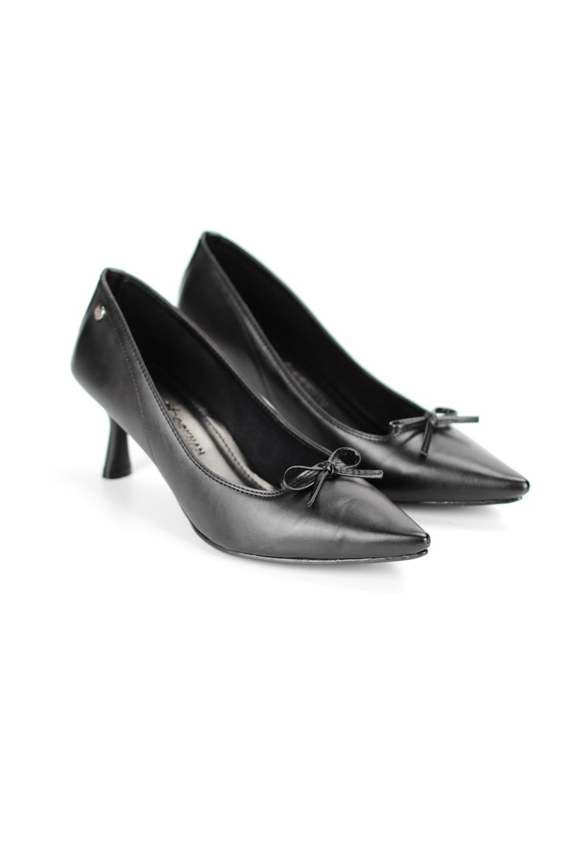 Ellyn Esnek Yumuşak Kaymaz Taban (4 cm) Siyah Cilt  İnce Bıyık Fiyonk Kadın Topuklu Ayakkabı