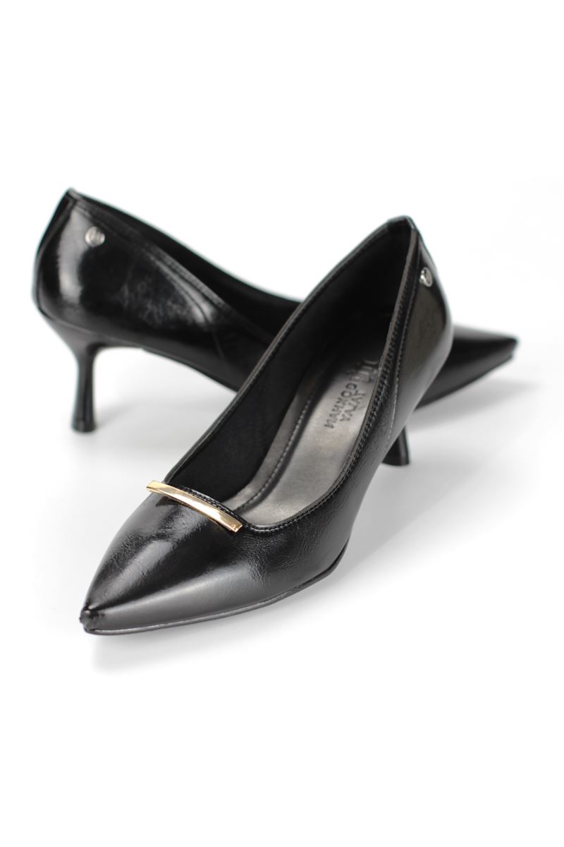 Sasha Esnek Yumuşak Kaymaz Taban (4 cm) Siyah Rugan İnce Çubuk Toka Kadın Topuklu Ayakkabı