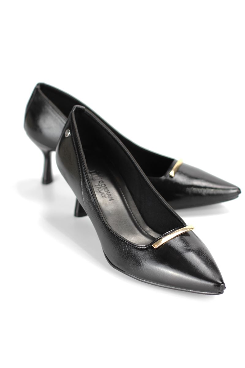 Sasha Esnek Yumuşak Kaymaz Taban (4 cm) Siyah Rugan İnce Çubuk Toka Kadın Topuklu Ayakkabı