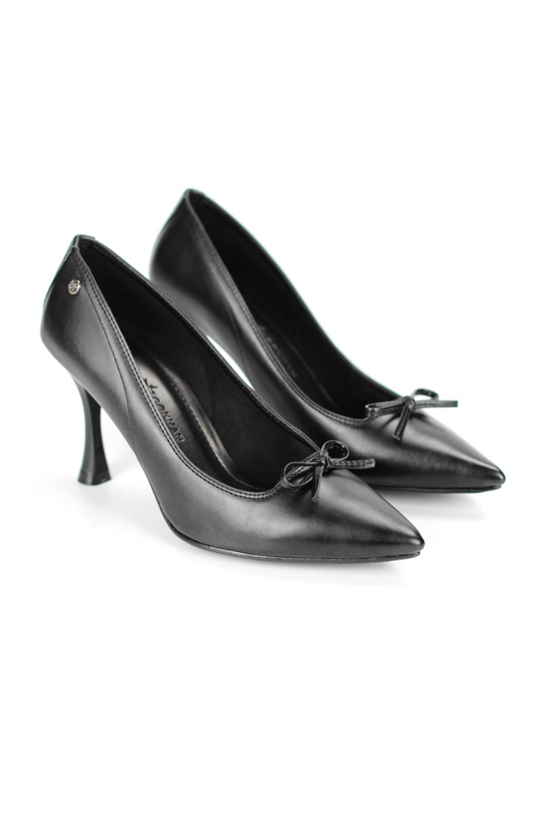 Mila Esnek Yumuşak Kaymaz Taban (8 cm) Siyah Cilt İnce Bıyık Fiyonk Kadın Topuklu Ayakkabı