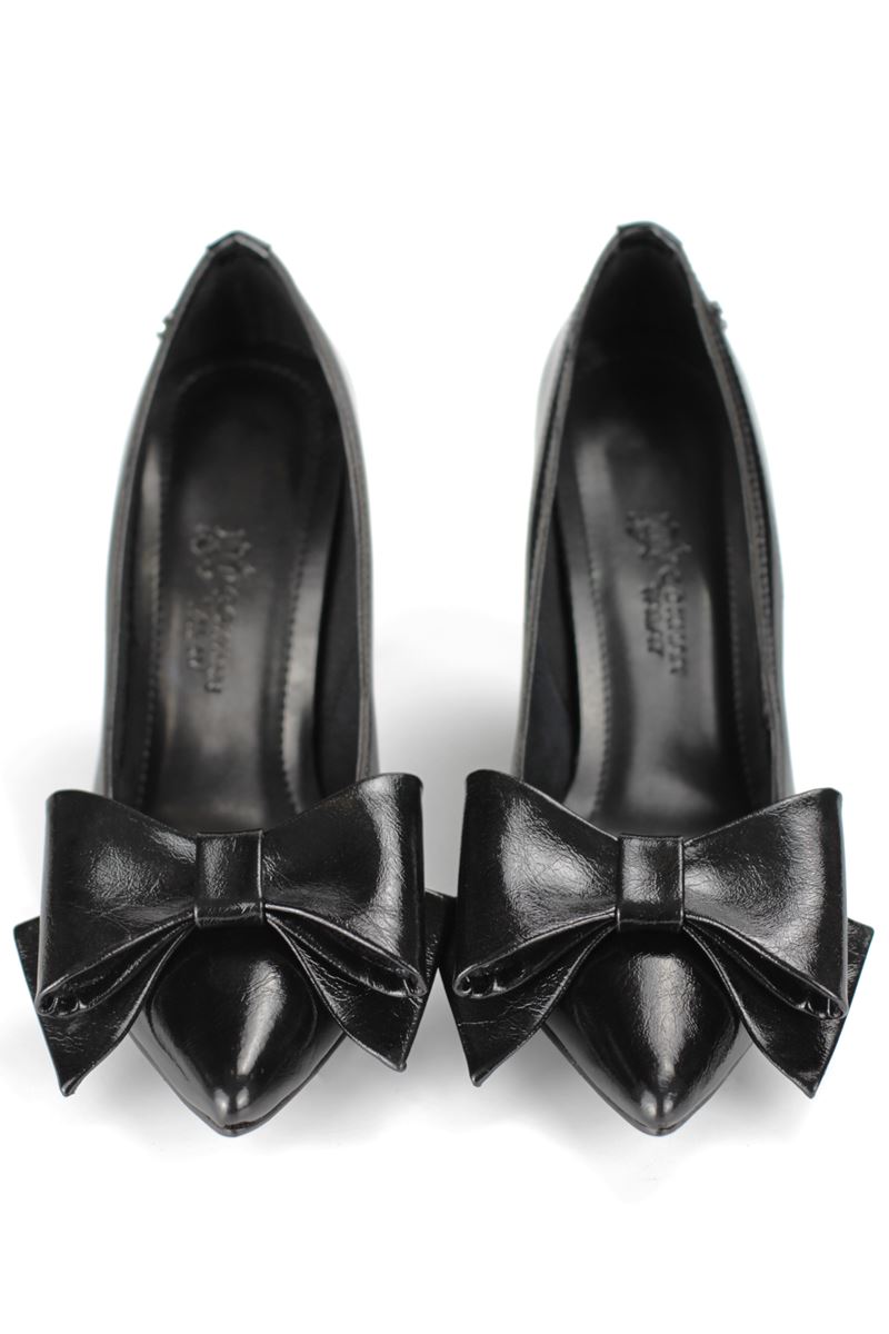 Ludmila Esnek Yumuşak Kaymaz Taban (10 cm) Siyah Rugan Kadın Kalın FiyonkluTopuklu Ayakkabı