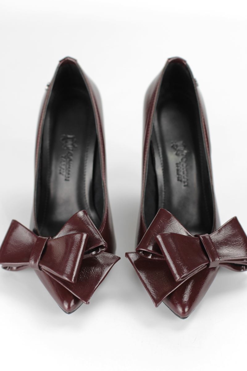 Elizaveta Esnek Yumuşak Kaymaz Taban (11 cm) Bordo Rugan Kalın Fiyonk Kadın Topuklu Ayakkabı