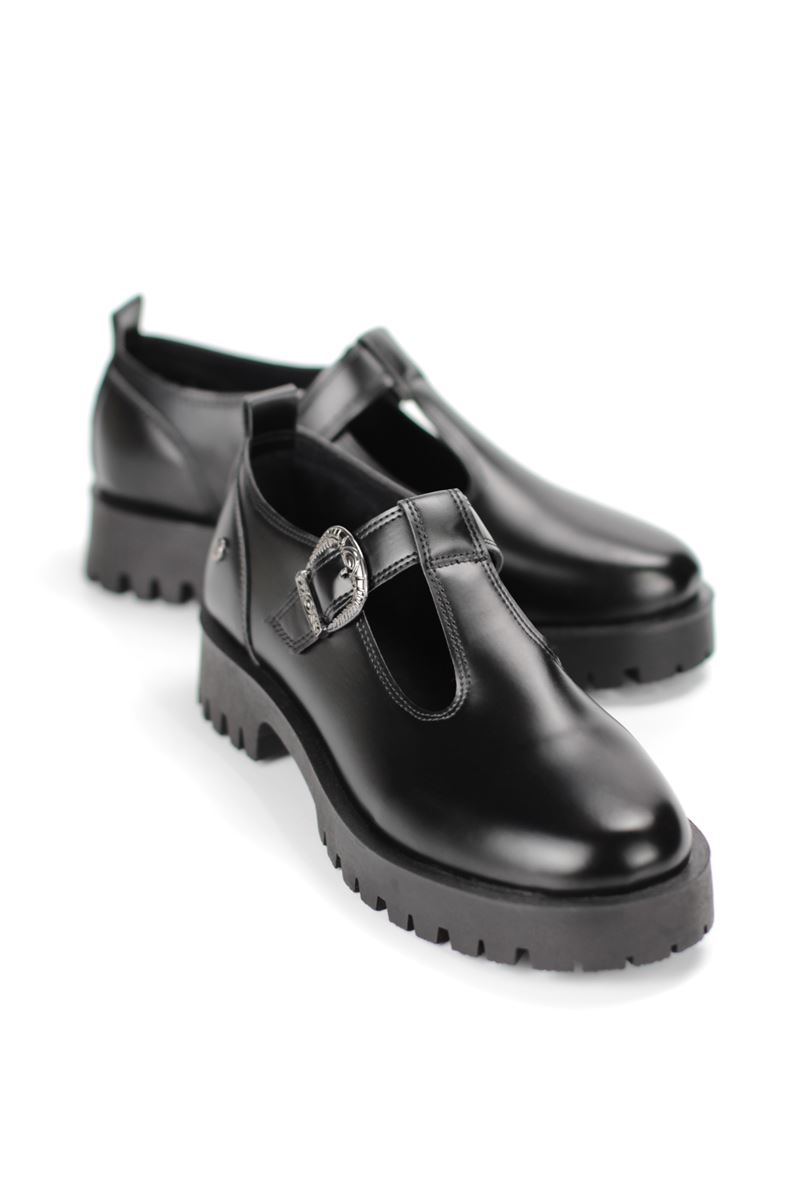 Scarlett Siyah Cillt Yan Tokalı Loafer Kadın Ayakkabı