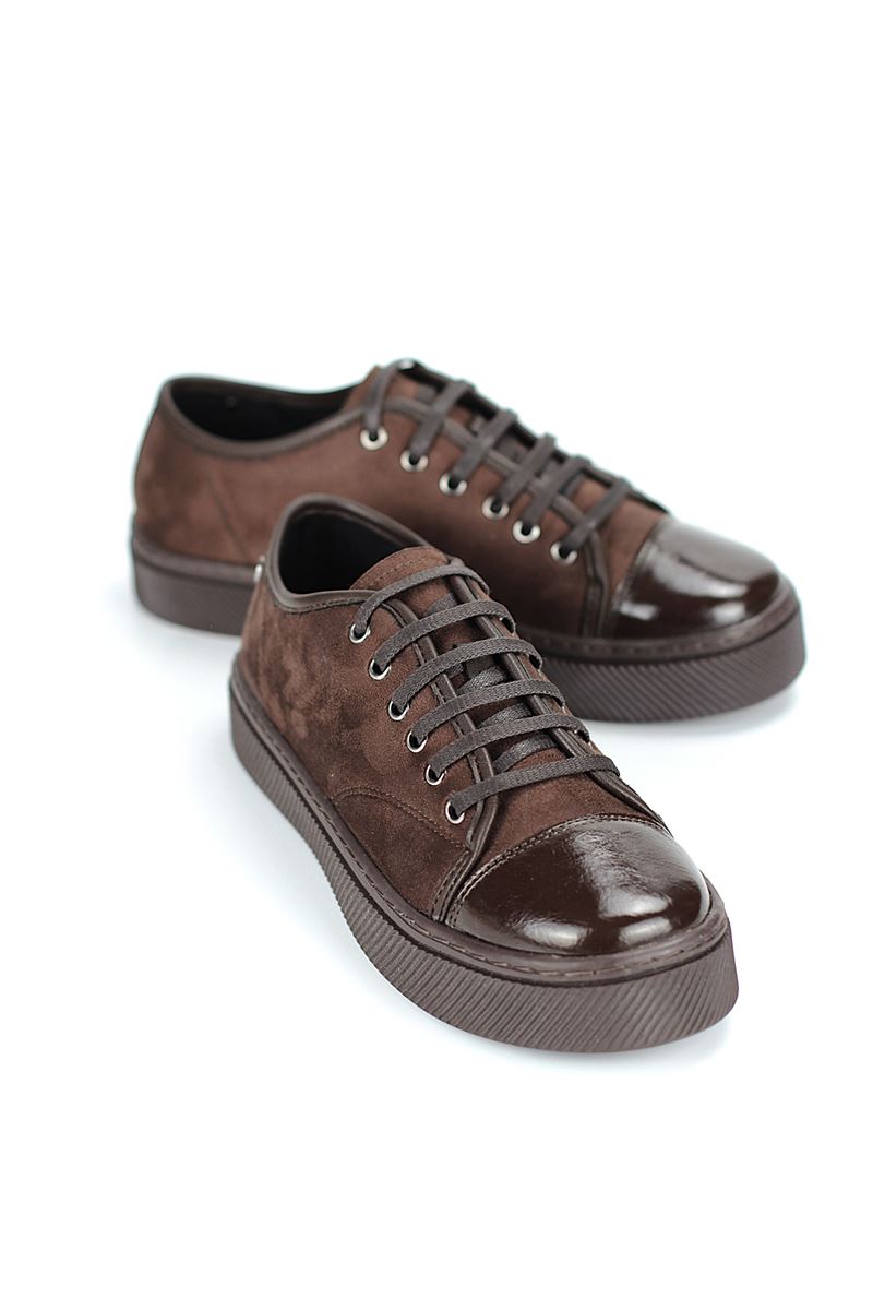 Zeta Kahverengi Süet- Rugan Detaylı  Kadın Sneaker Spor Ayakkabı