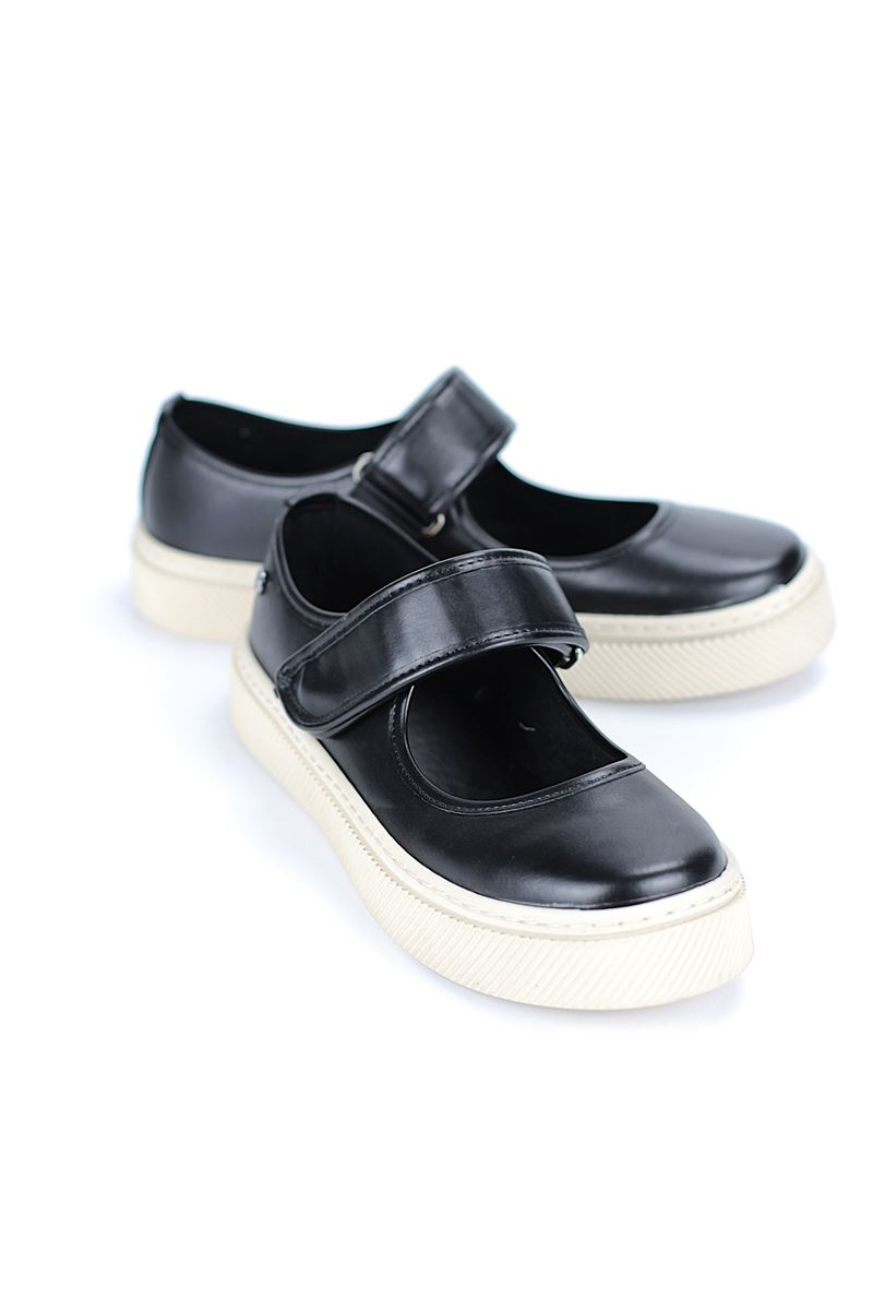 Tegan Siyah Cilt-Beyaz Taban Cırt Detaylı Kadın Sneaker Spor Ayakkabı