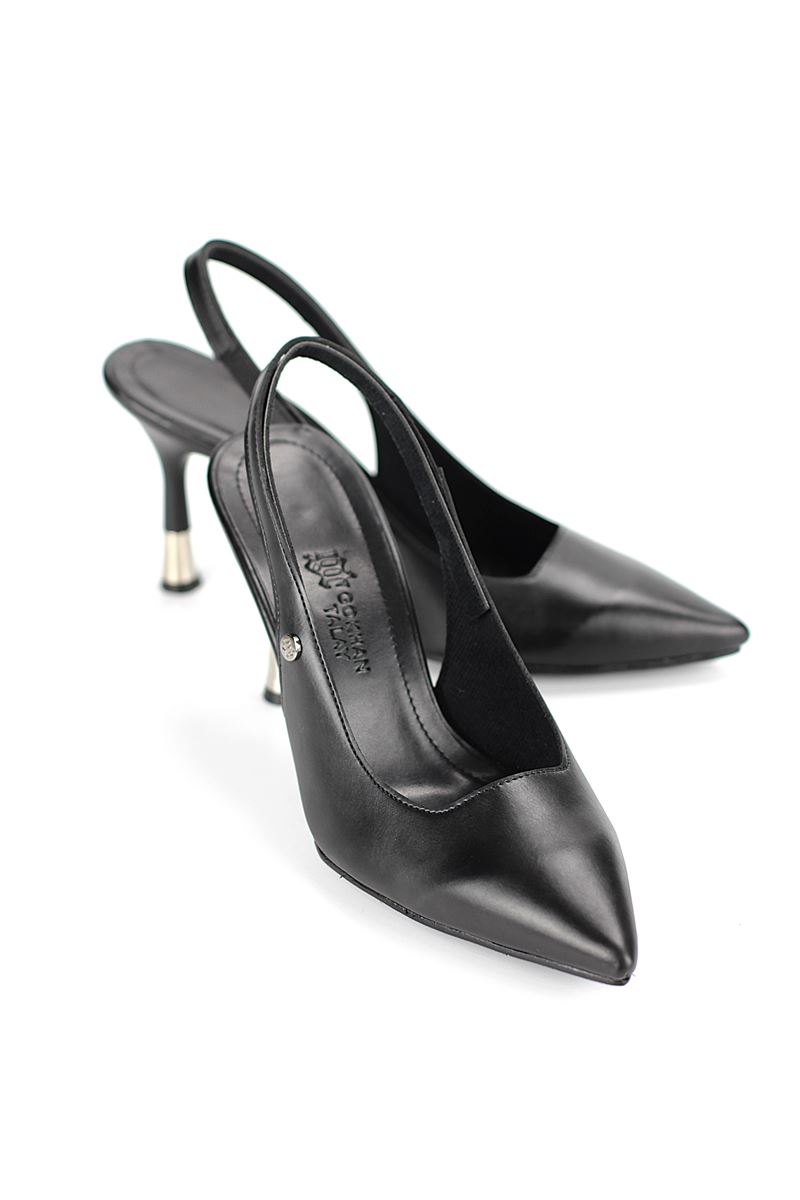 Biana  Esnek Yumuşak Kaymaz Taban (8 cm) Siyah Cilt Açık Lastikli Kadın Topuklu Ayakkabı