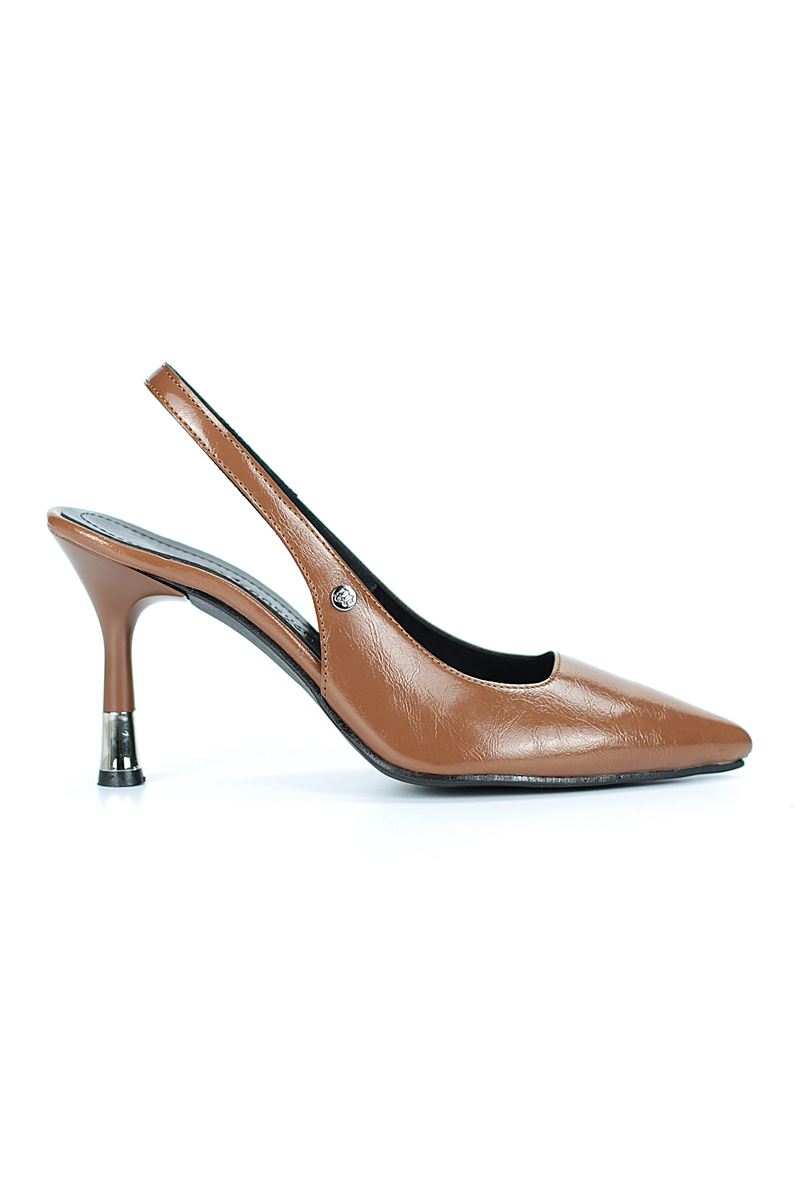 Biana  Esnek Yumuşak Kaymaz Taban (8 cm) Taba Rugan Rugan Açık Lastikli Kadın Topuklu Ayakkabı