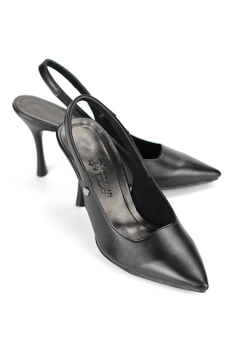 Lavender Esnek Yumuşak Kaymaz Taban (8 cm) Siyah Cilt Açık Lastikli Kadın Topuklu Ayakkabı