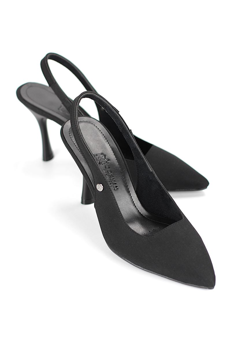 Lavender Esnek Yumuşak Kaymaz Taban (8 cm) Siyah Süet Açık Lastikli Kadın Topuklu Ayakkabı