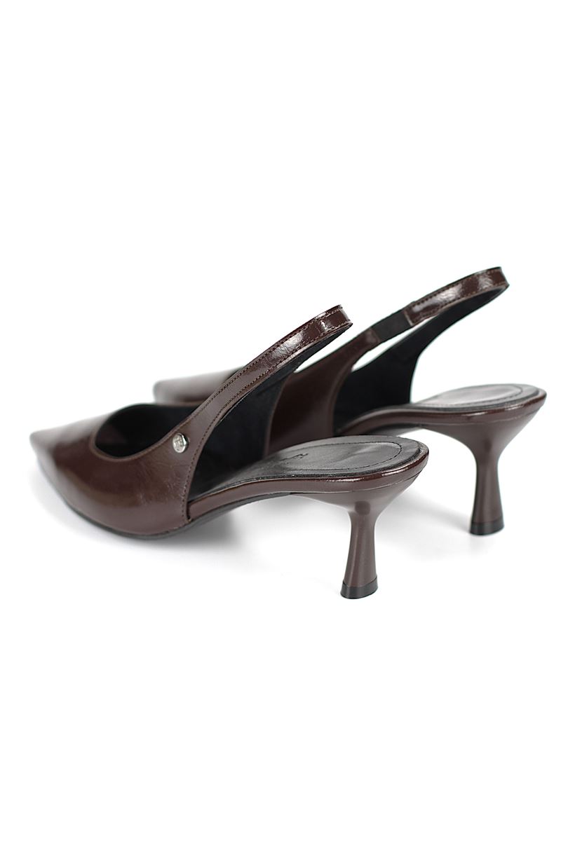 Magnolia Esnek Yumuşak Kaymaz Taban (4 cm) Kahverengi Rugan  Açık Lastikli Kadın Topuklu Ayakkabı