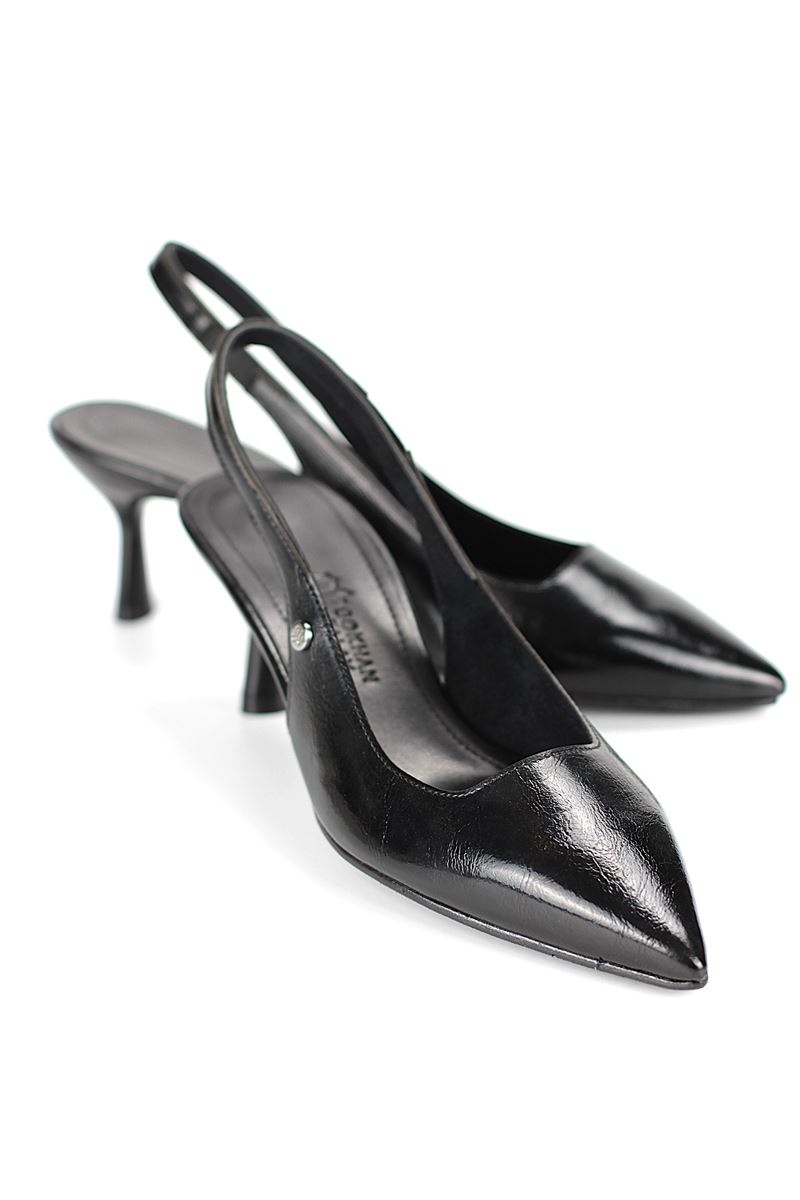 Magnolia Esnek Yumuşak Kaymaz Taban (4 cm) Siyah Rugan  Açık Lastikli Kadın Topuklu Ayakkabı