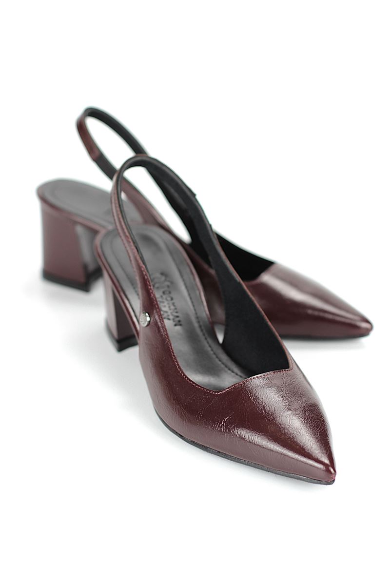 İlya Esnek Yumuşak Kaymaz Taban (4 cm) Bordo Rugan  Açık Lastikli Kadın Kalın Topuklu Ayakkabı