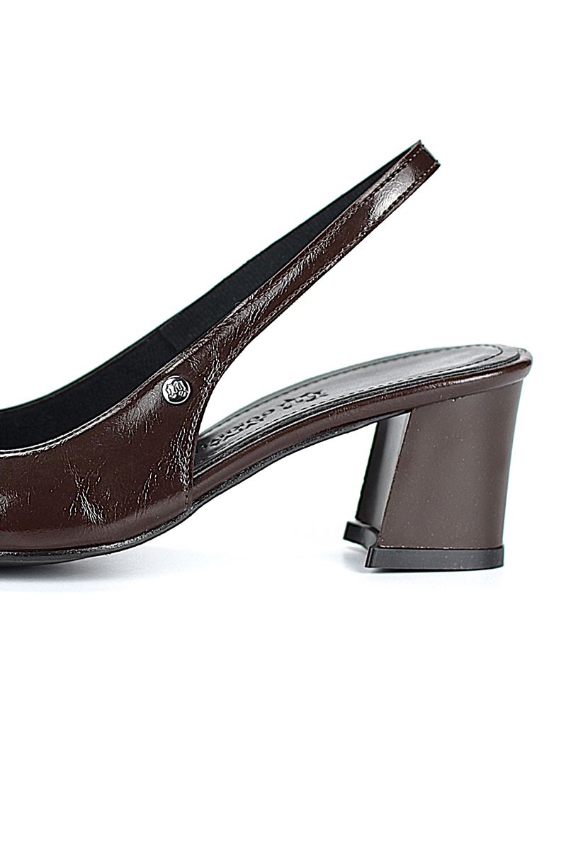 İlya Esnek Yumuşak Kaymaz Taban (4 cm) Kahverengi Rugan  Açık Lastikli Kadın Kalın Topuklu Ayakkabı