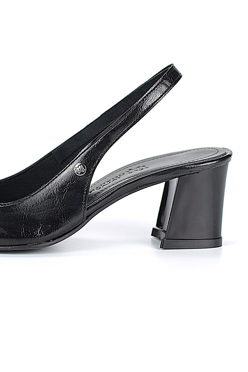 İlya Esnek Yumuşak Kaymaz Taban (4 cm) Siyah Rugan  Açık Lastikli Kadın Kalın Topuklu Ayakkabı