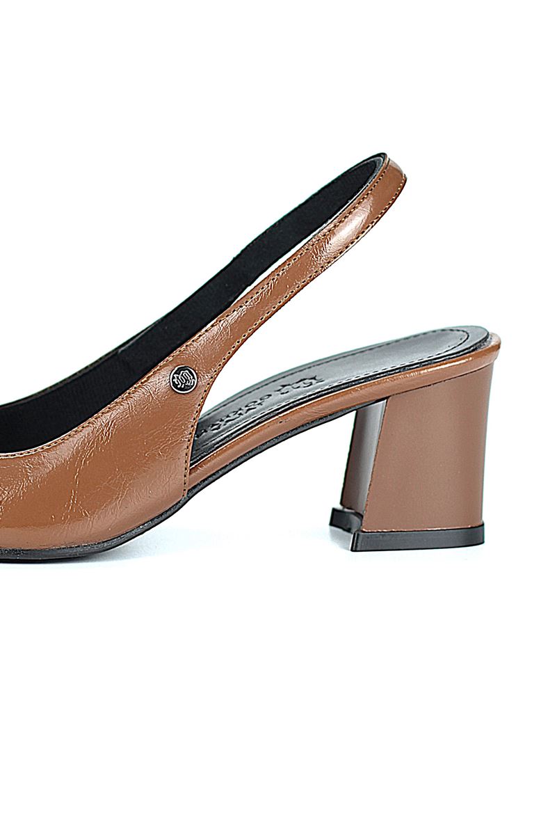 İlya Esnek Yumuşak Kaymaz Taban (4 cm) Taba Rugan  Açık Lastikli Kadın Kalın Topuklu Ayakkabı