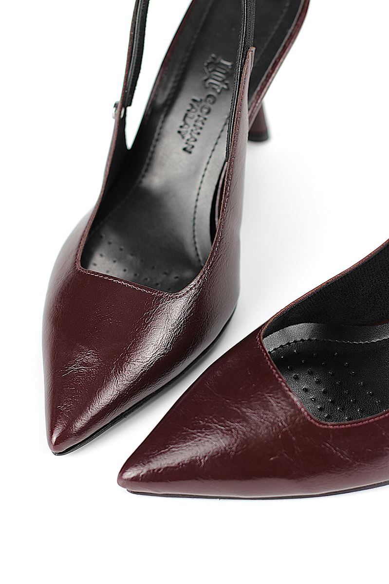 Margaret  Esnek Yumuşak Kaymaz Taban (10 cm) Bordo Rugan  Açık Lastikli Kadın Kalın Topuklu Ayakkabı