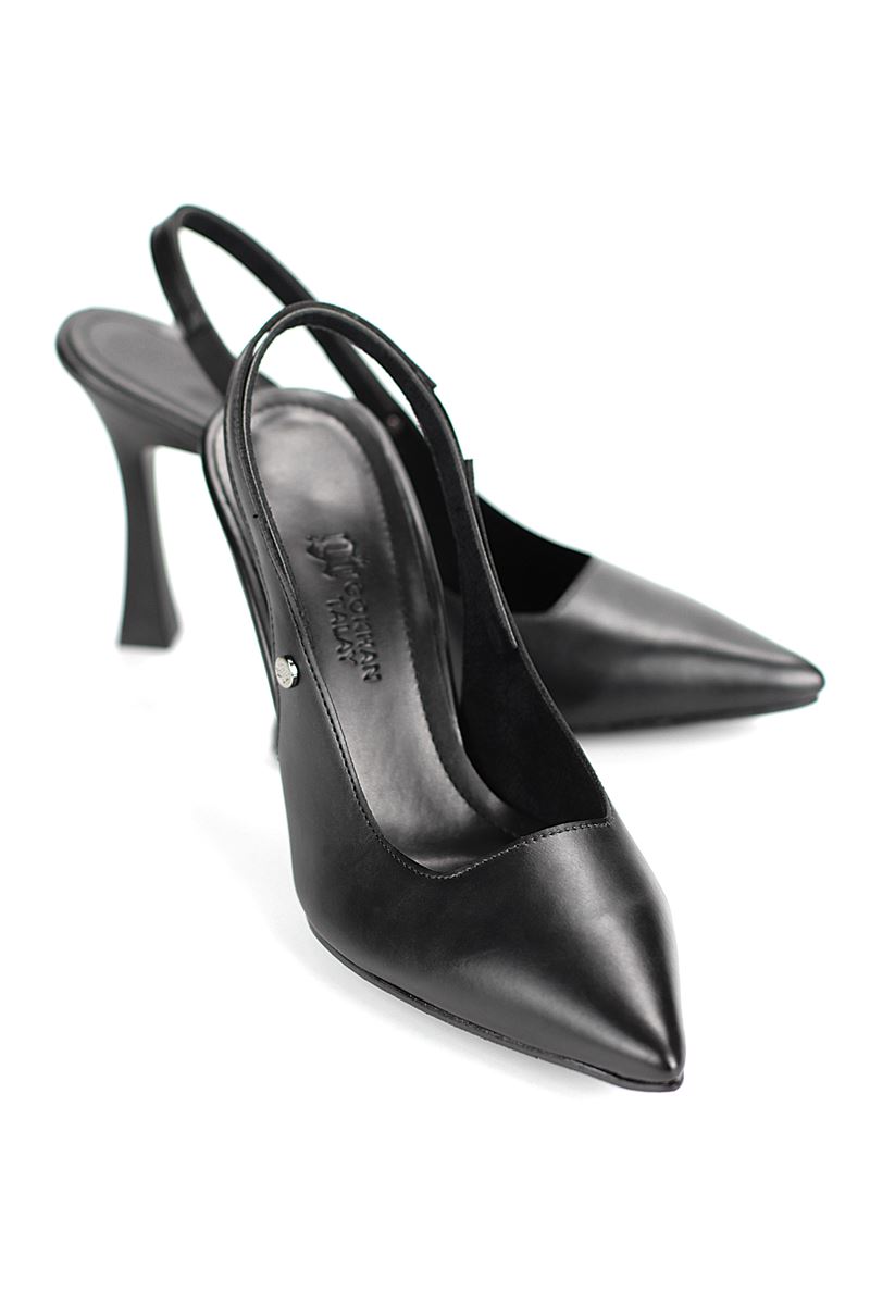 Margaret  Esnek Yumuşak Kaymaz Taban (10 cm) Siyah Cilt  Açık Lastikli Kadın Kalın Topuklu Ayakkabı