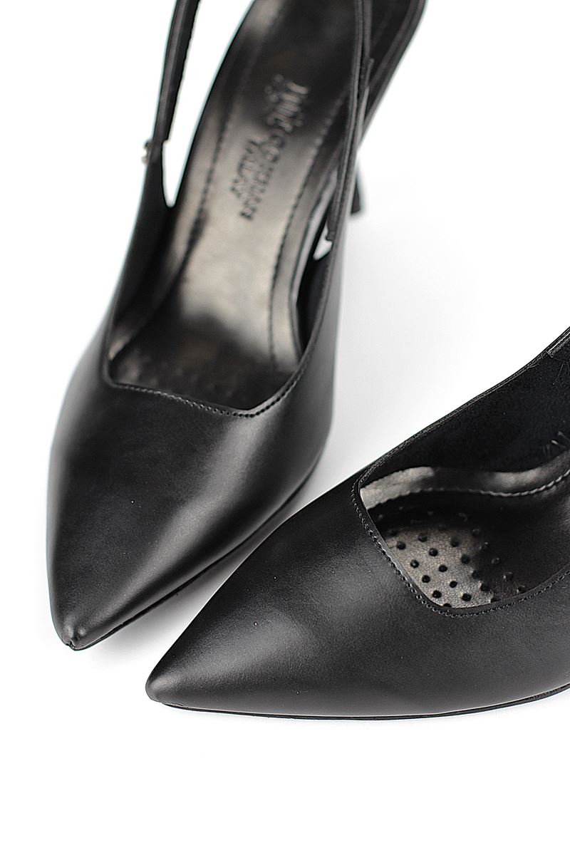 Margaret  Esnek Yumuşak Kaymaz Taban (10 cm) Siyah Cilt  Açık Lastikli Kadın Kalın Topuklu Ayakkabı