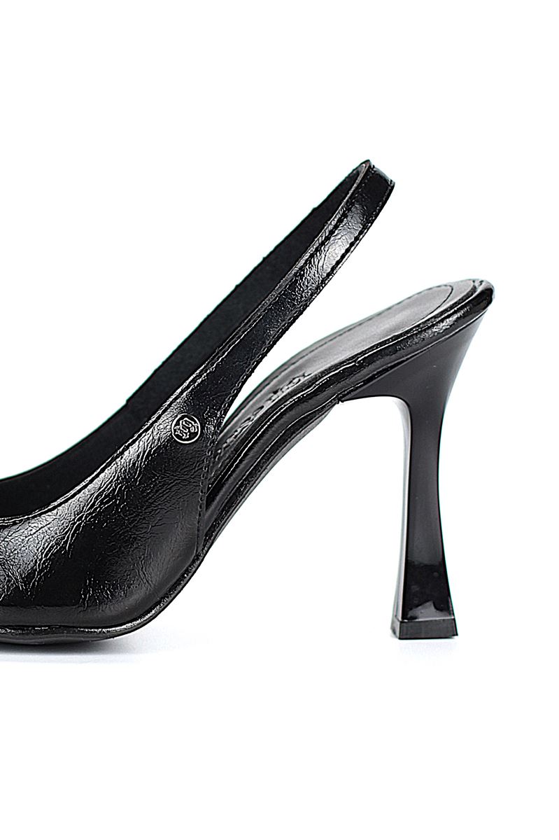 Margaret  Esnek Yumuşak Kaymaz Taban (10 cm) Siyah Rugan  Açık Lastikli Kadın Kalın Topuklu Ayakkabı