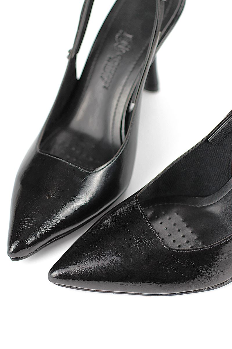 Margaret  Esnek Yumuşak Kaymaz Taban (10 cm) Siyah Rugan  Açık Lastikli Kadın Kalın Topuklu Ayakkabı