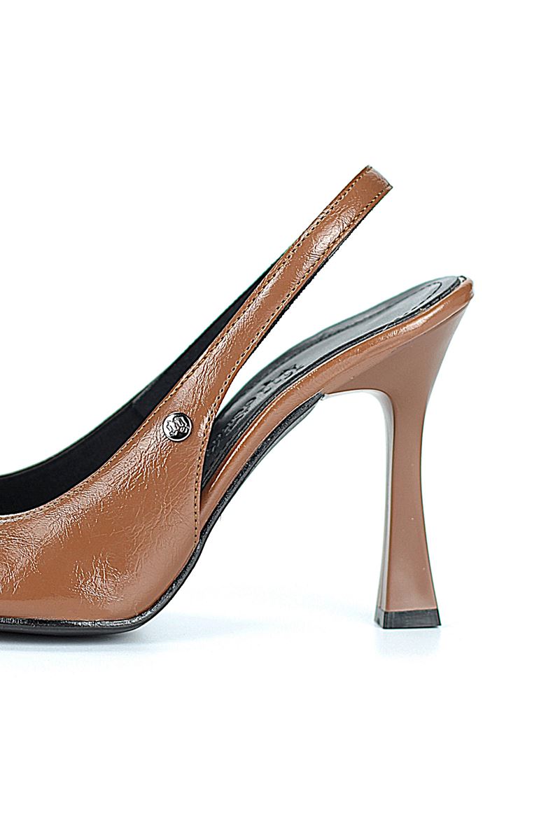 Margaret  Esnek Yumuşak Kaymaz Taban (10 cm) Taba Rugan  Açık Lastikli Kadın Kalın Topuklu Ayakkabı