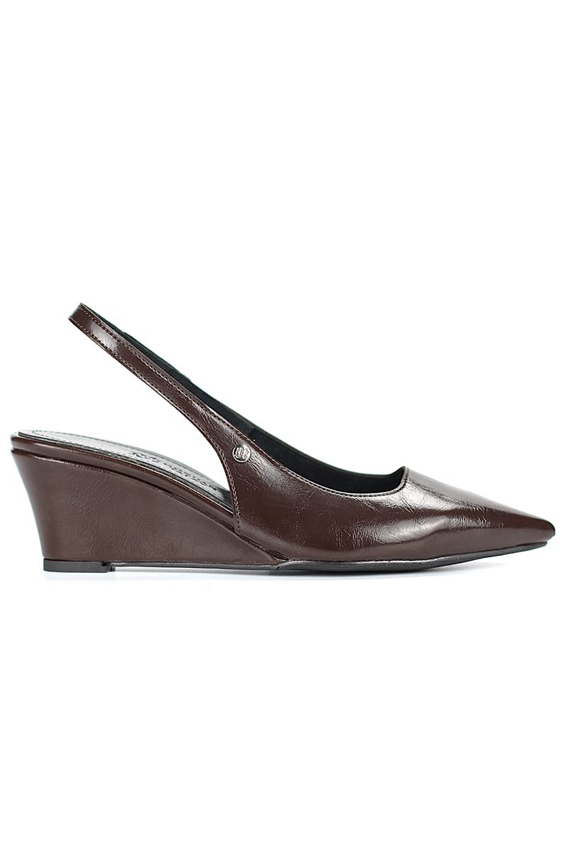 Belinda  Esnek Yumuşak Kaymaz Taban (4cm) Kahverengi Rugan  Açık Lastikli Kadın Dolgu Topuklu Ayakkabı