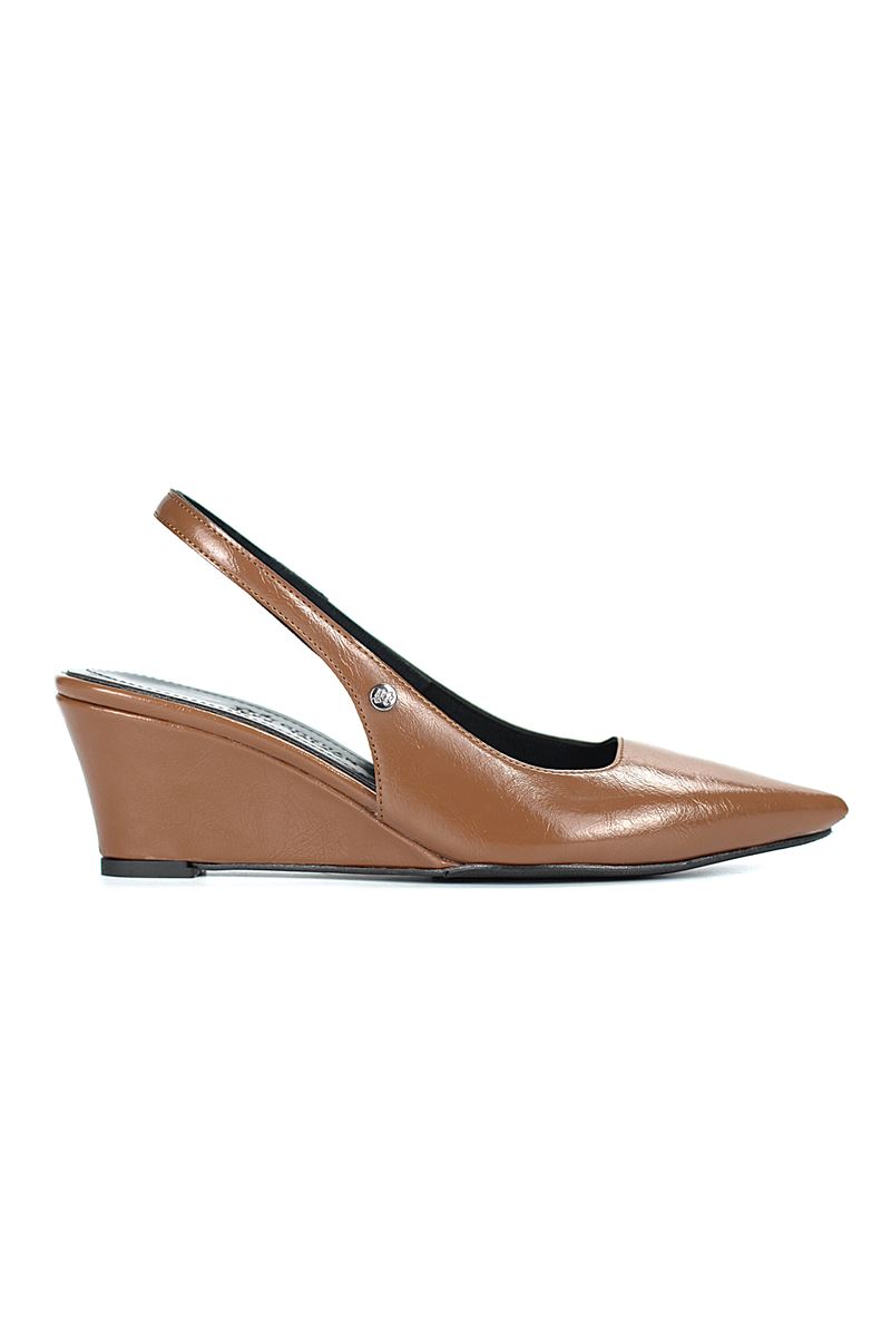 Belinda  Esnek Yumuşak Kaymaz Taban (4cm) Taba Rugan  Açık Lastikli Kadın Dolgu Topuklu Ayakkabı