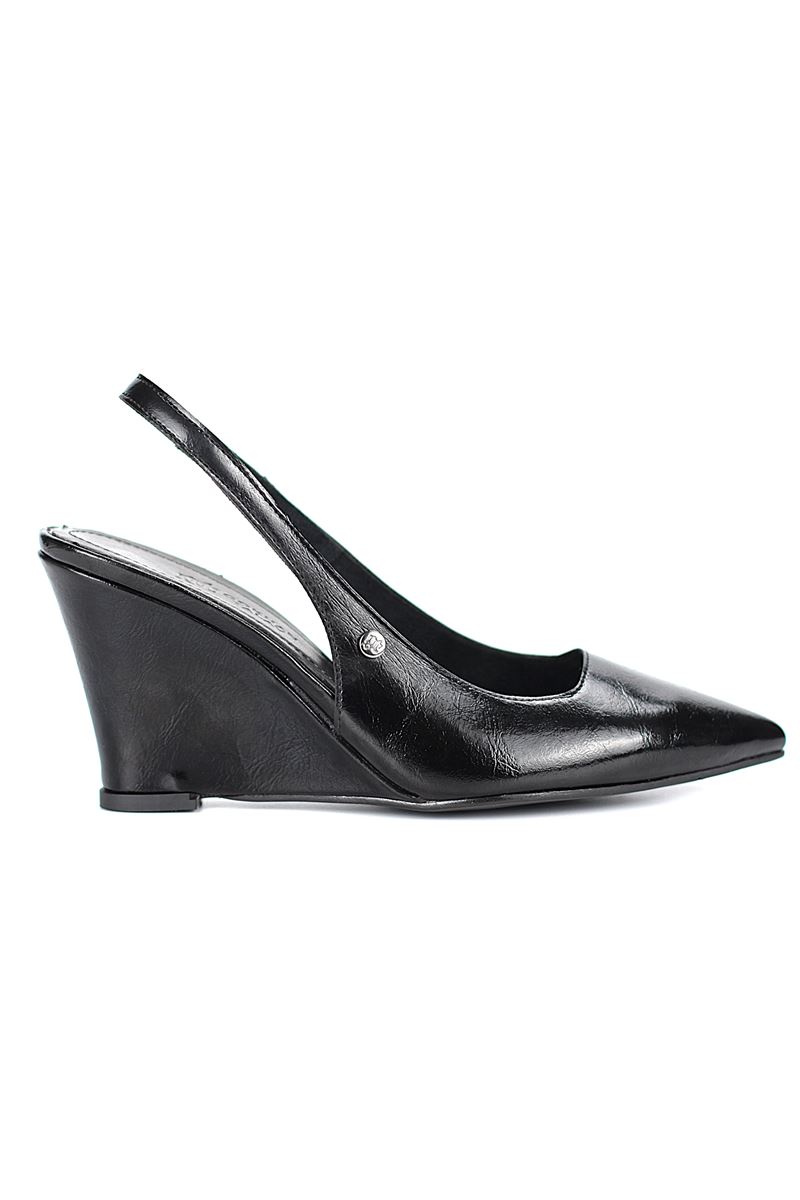 Agape  Esnek Yumuşak Kaymaz Taban (8cm)  Siyah Rugan  Açık Lastikli Kadın Dolgu Topuklu Ayakkabı