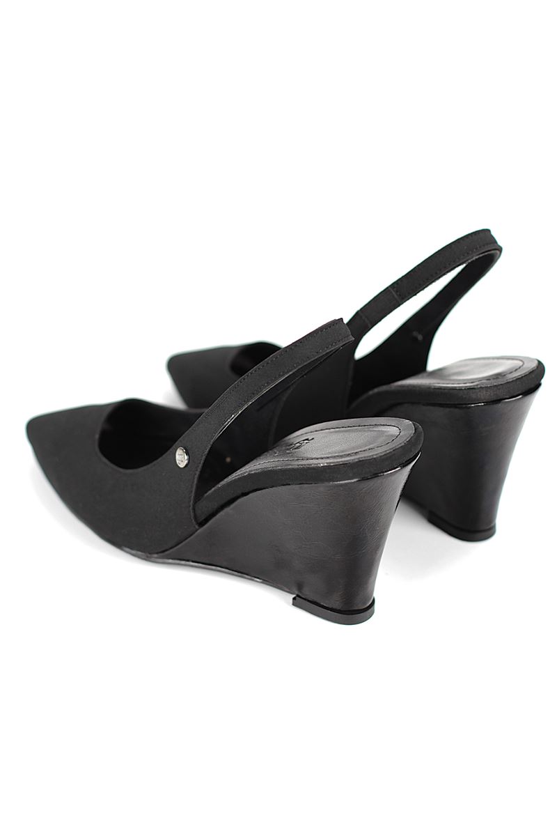 Agape  Esnek Yumuşak Kaymaz Taban (8cm) Siyah Süet  Açık Lastikli Kadın Dolgu Topuklu Ayakkabı