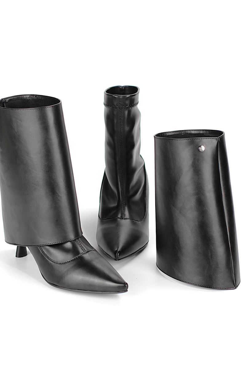 Lazuno Siyah Cilt Esnek Yumuşak Kaymaz Taban Yakalı (6cm) Streç Bot