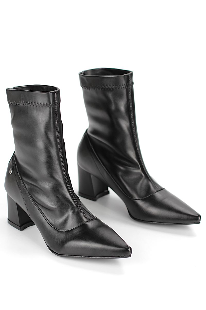 Sylvie Siyah Esnek Yumuşak Kaymaz Taban Kalın Orta Topuklu( 6 cm) Streç Bot