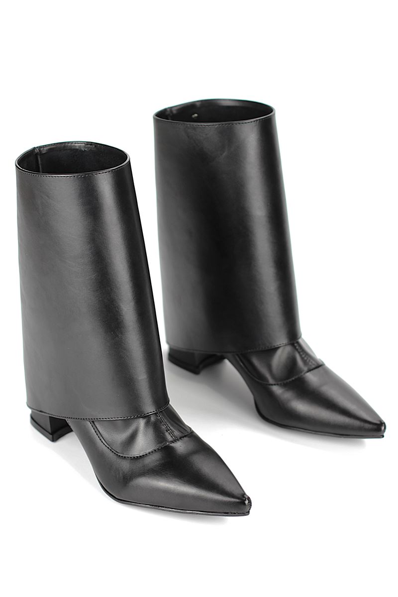 Orelix Siyah Esnek Yumuşak Kaymaz Taban Kalın Orta Topuklu( 6 cm) Streç Bot