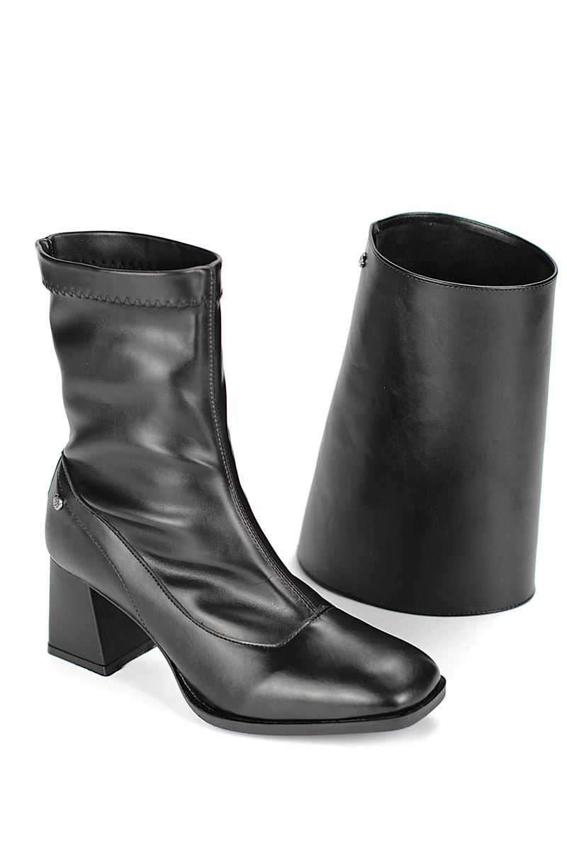 Lunelle Siyah Cilt Esnek Yumuşak Kaymaz Taban Köşeli Topuk (6cm) Streç Bot