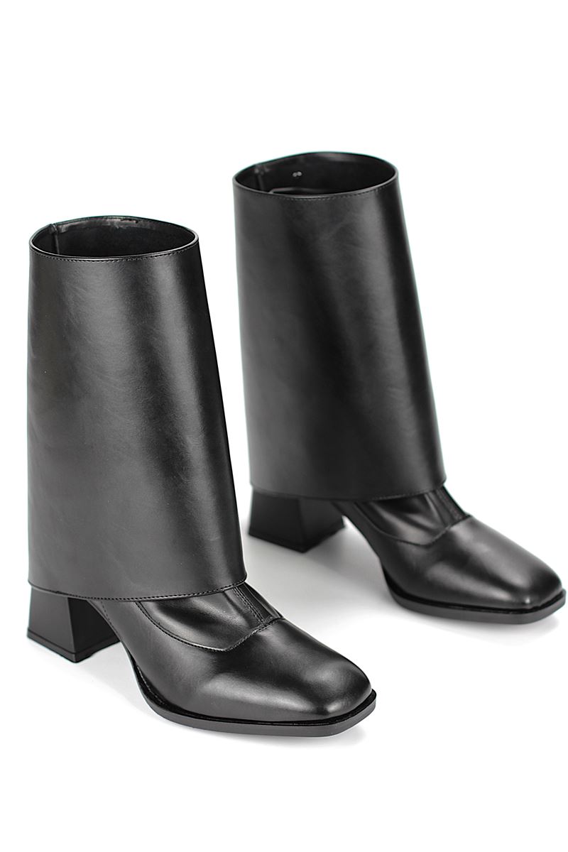 Lunelle Siyah Cilt Esnek Yumuşak Kaymaz Taban Köşeli Topuk (6cm) Streç Bot