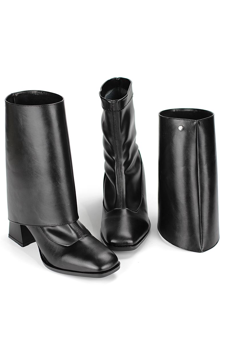 Lunelle Siyah Cilt Esnek Yumuşak Kaymaz Taban Köşeli Topuk (6cm) Streç Bot